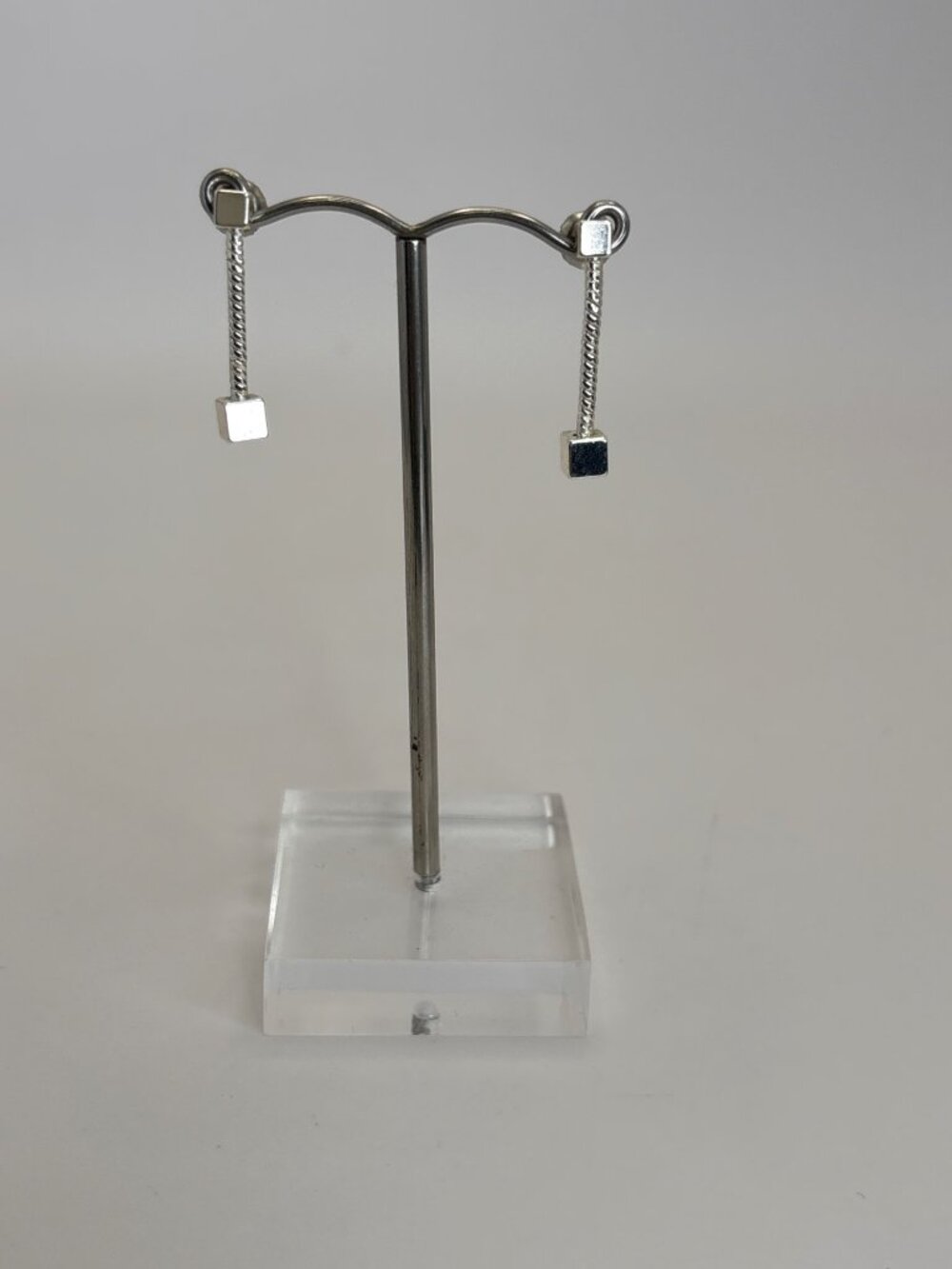 Silver Tone Cube Minimalist Drop Pierced Earrings